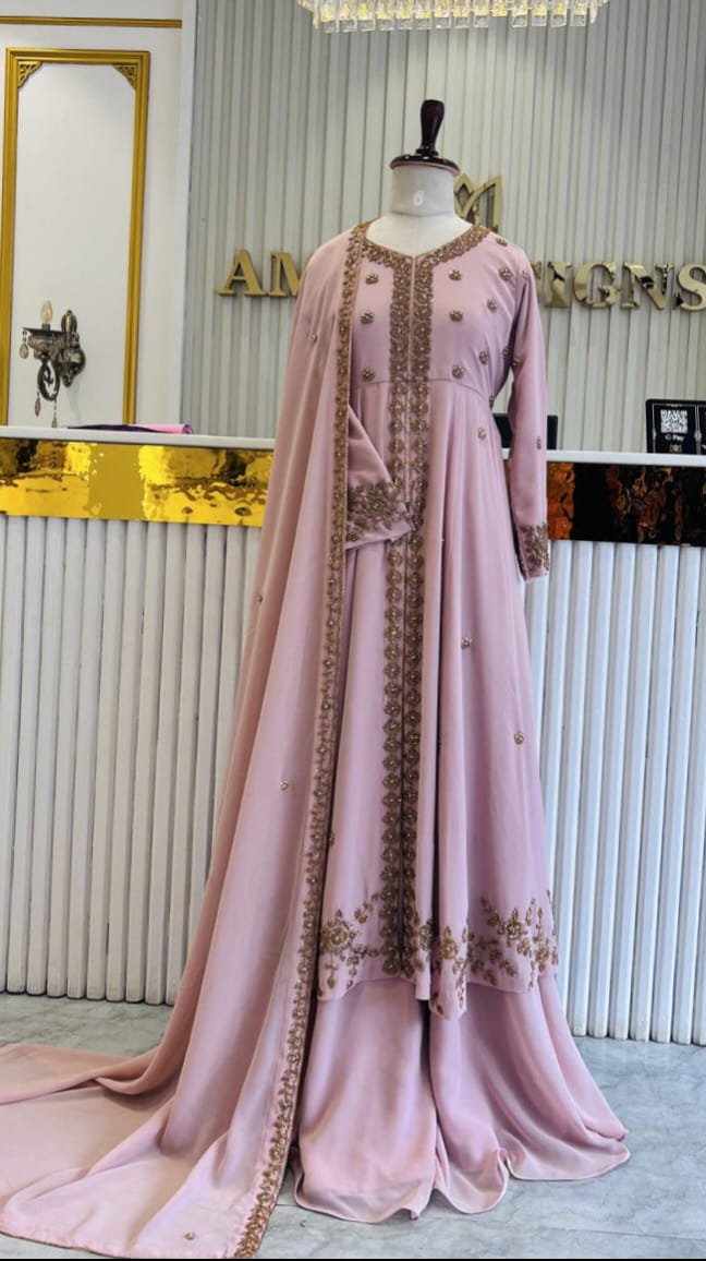 HAND WORKED DOUBLE LAYER GOWN WITH FRONT SLIT - AMIS 10082