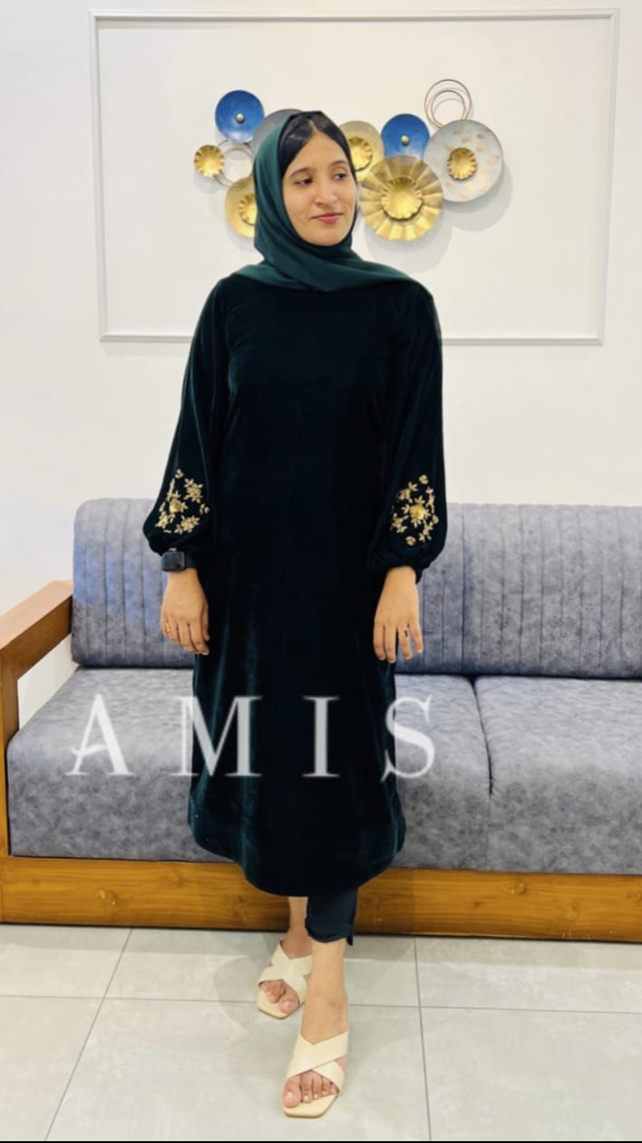 HAND WORKED BALLOON SLEEVE VELVET MATERIAL TOP - AMIS 10019