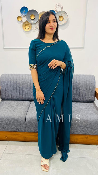 READY TO WEAR SCALLOP SAREE WITH HAND WORKED BLOUSE - AMIS 10037