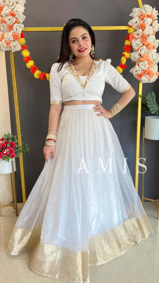 ONAM OUTFIT CHECK PRINT HAND WORKED BLOUSE AND SKIRT - AMIS 10038