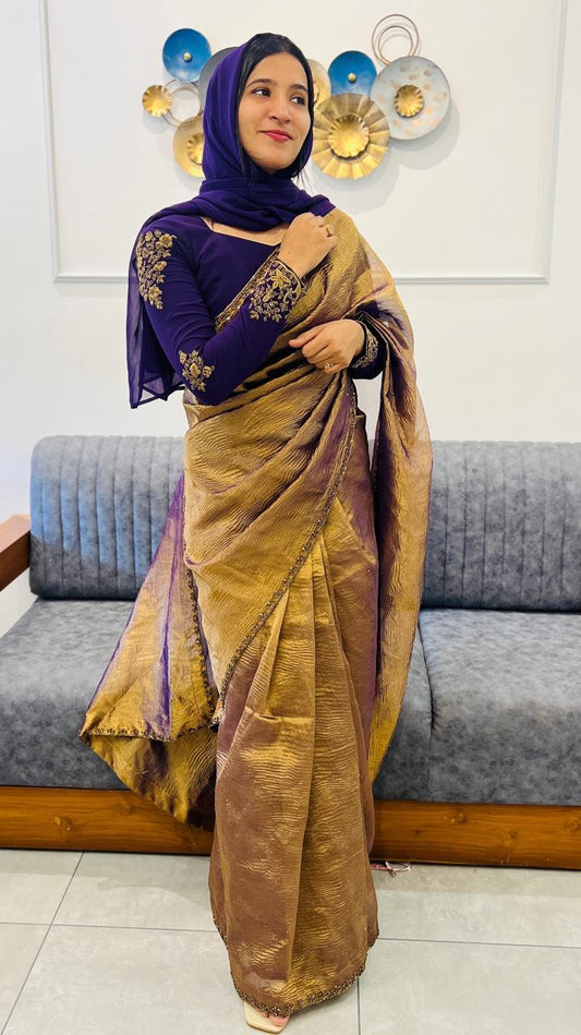 READY TO WEAR CRUSHED TISSUE SILK SAREE WITH UNSTITCHED HAND WORKED BLOUSE PIECE - AMIS 10046