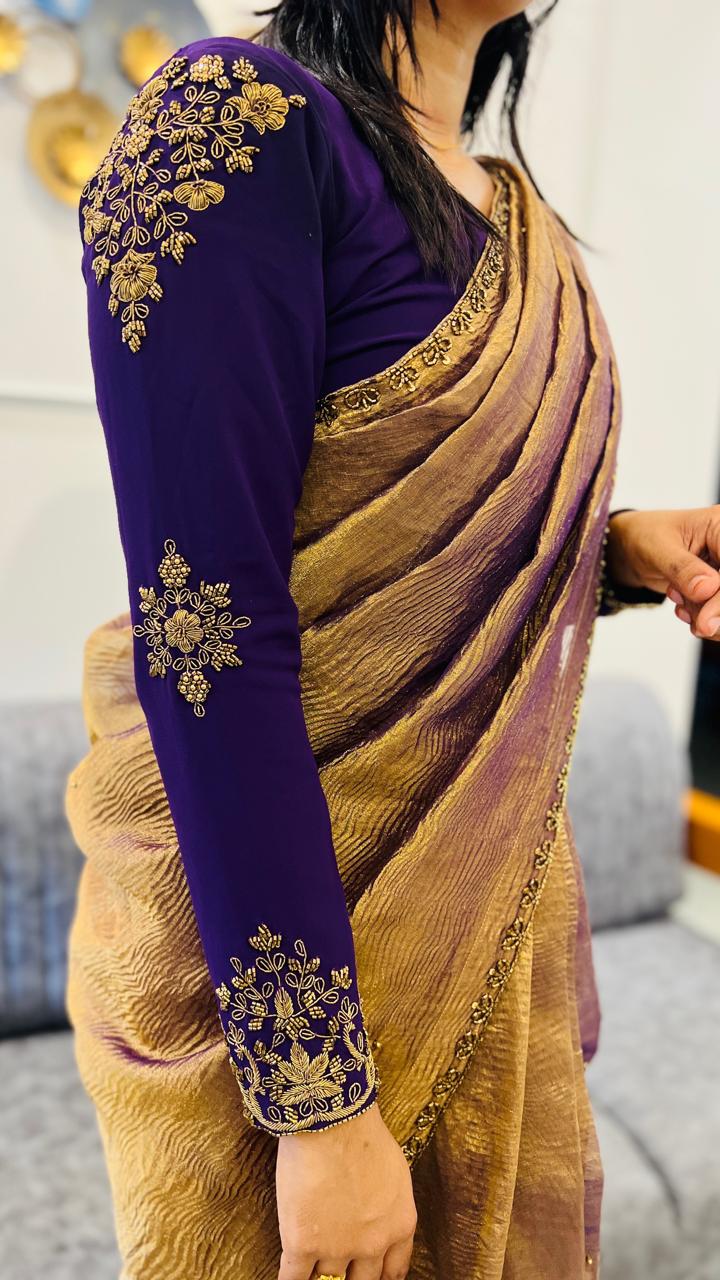 READY TO WEAR CRUSHED TISSUE SILK SAREE WITH UNSTITCHED HAND WORKED BLOUSE PIECE - AMIS 10046