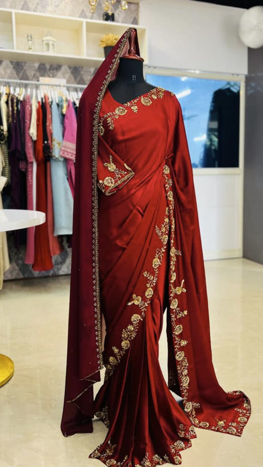 HEAVY HAND WORKED READY TO WEAR BRIDAL SAREE WITH BLOUSE - AMIS 10055