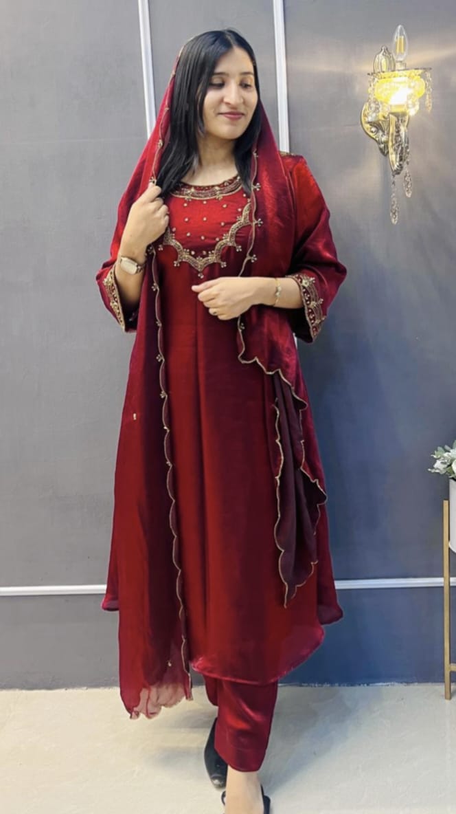 VELVET AND ORGANZA MATERIAL ALINE SALWAR SUIT- AMIS 10063