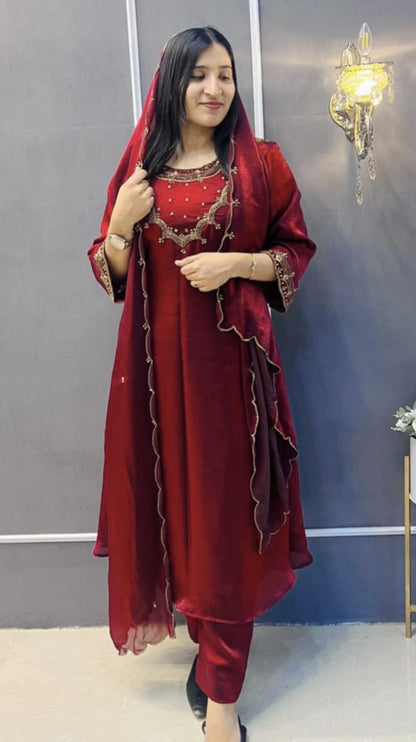 VELVET AND ORGANZA MATERIAL ALINE SALWAR SUIT- AMIS 10063