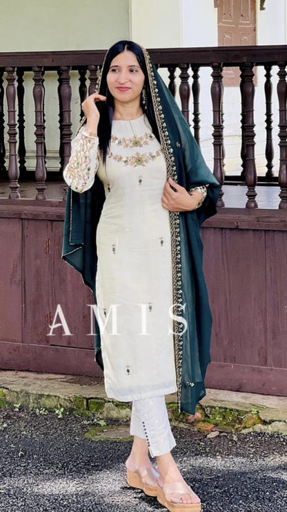 HAND WORKED TISSUE SILK CHURIDAR SET - AMIS 10074
