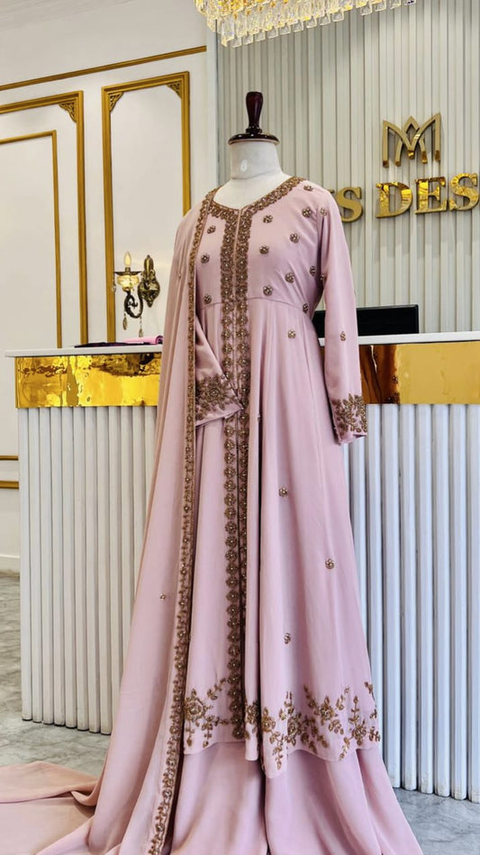 HAND WORKED DOUBLE LAYER GOWN WITH FRONT SLIT - AMIS 10082