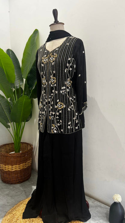 PREMIUM BLACK FLORAL HANDWORKED SHARARA - AMIS 10115