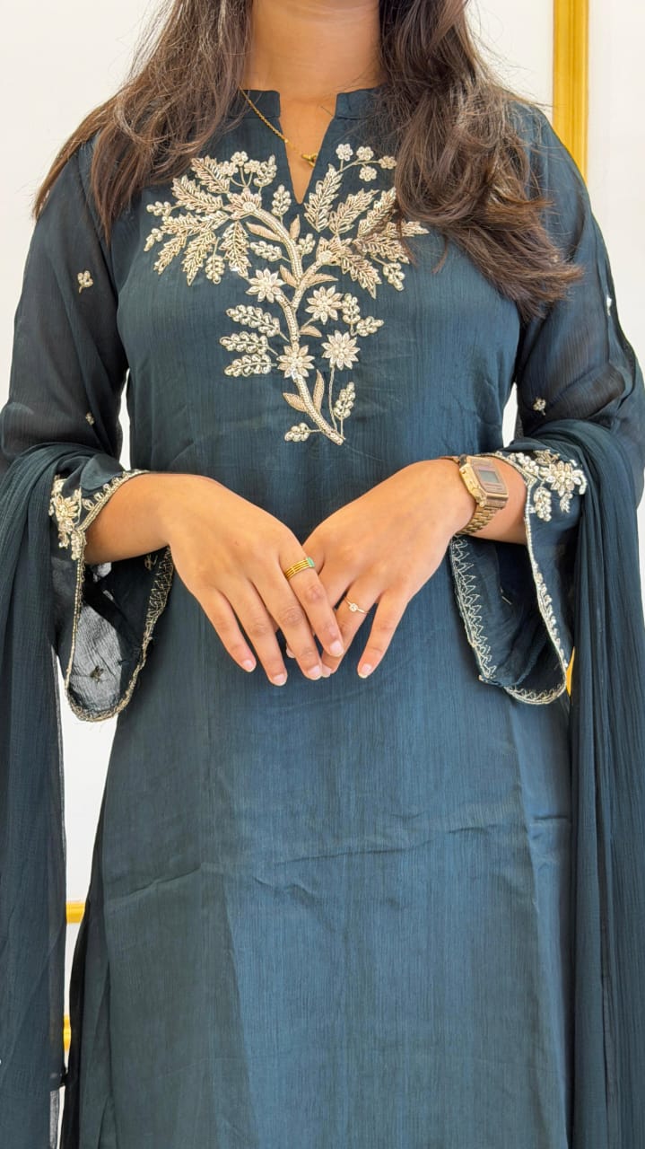 PEACOCK GREEN HAND WORKED SHARARA SET - AMIS 10119